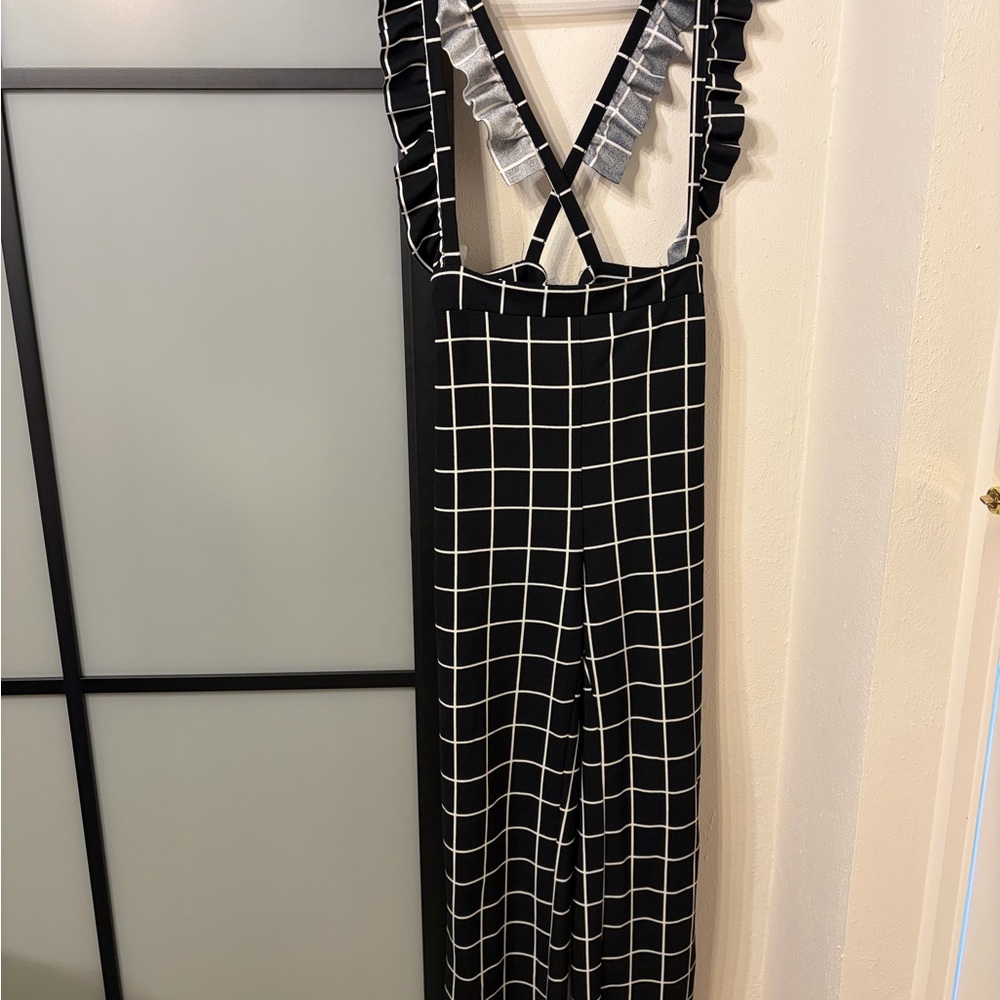 Black & White Windowpane Ruffle-Strap Jumpsuit